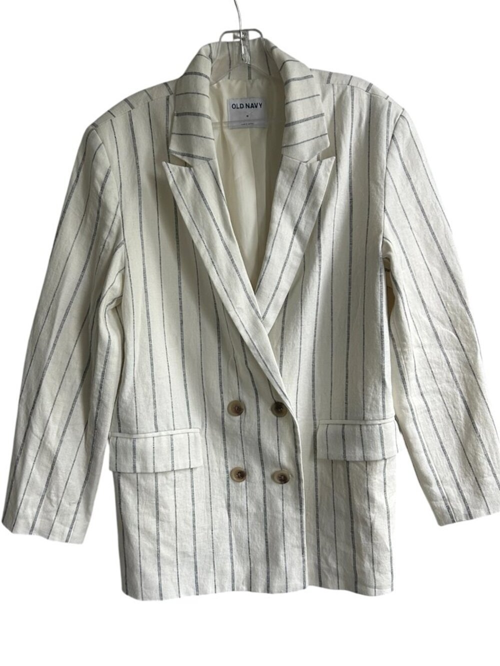OLD NAVY Double-breasted off White and Blue striped Linen Blend Blazer US M
